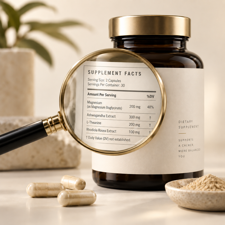 Magnifying glass examining a supplement facts label