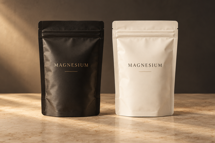 Two neutral supplement pouches shown side by side