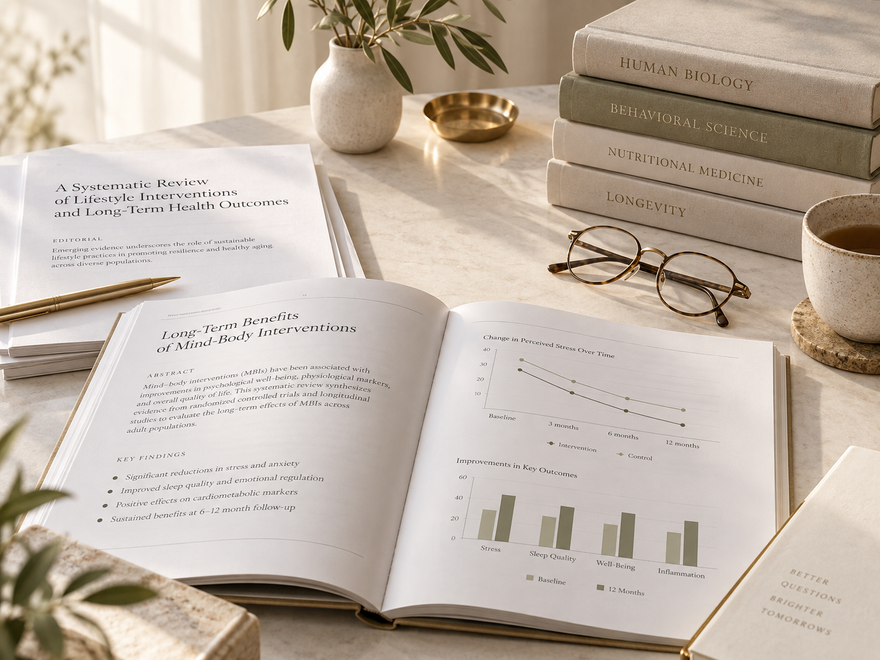 Premium evidence workspace with research papers, charts, books and glasses