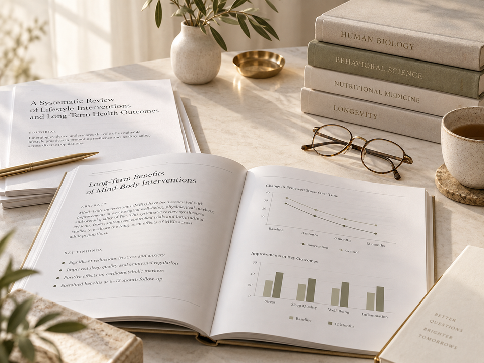 Premium evidence workspace with research papers, charts, books and glasses