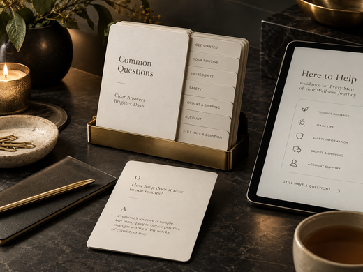 Premium dark FAQ desk with question cards, support tablet and gold accents