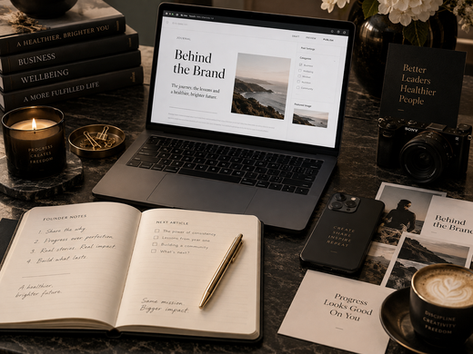 Premium founder workspace showing a Behind the Brand article, notes and creative tools